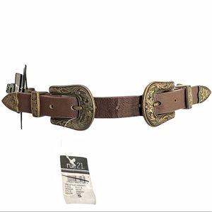 NWT Belt Double Grommet &  Buckle Brown with Etched Metal Hardware Vegan…